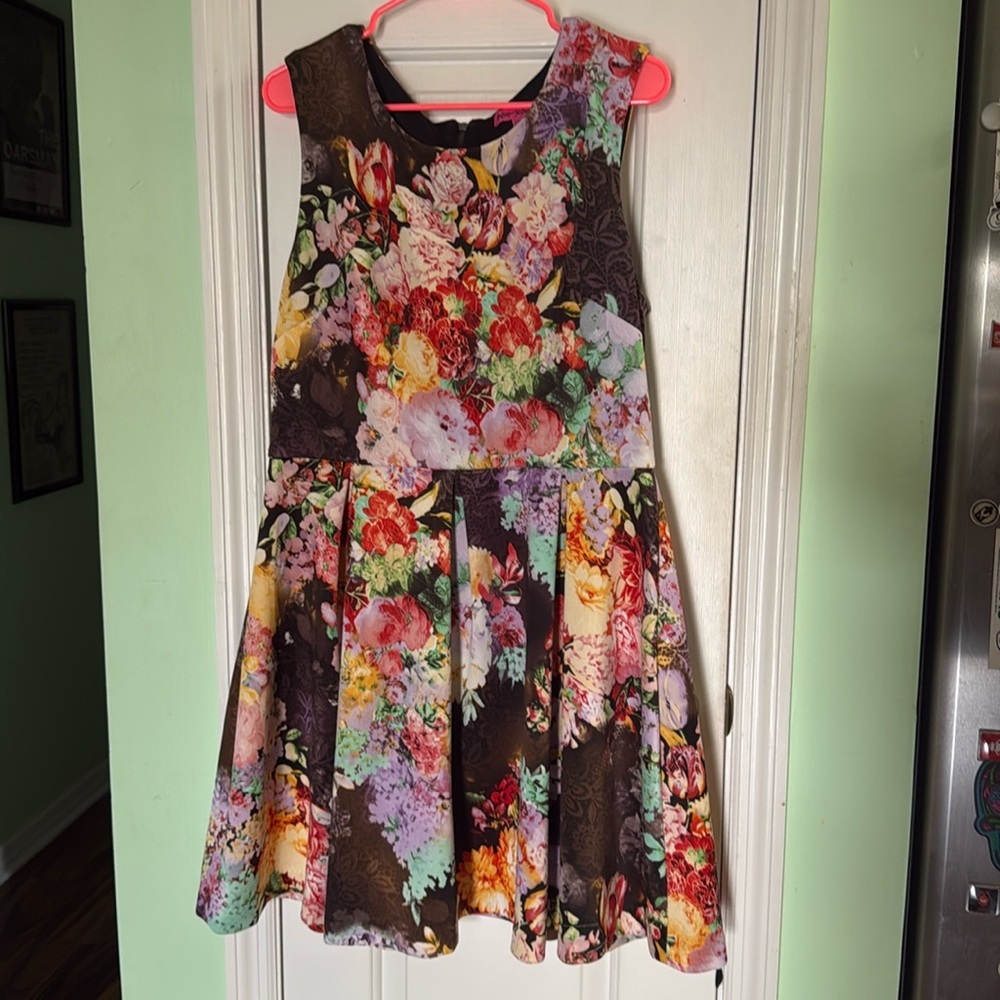 Betsey Johnson Floral Print Fit n Flare Mini Dress Dahlias Fall Flowers Size 14